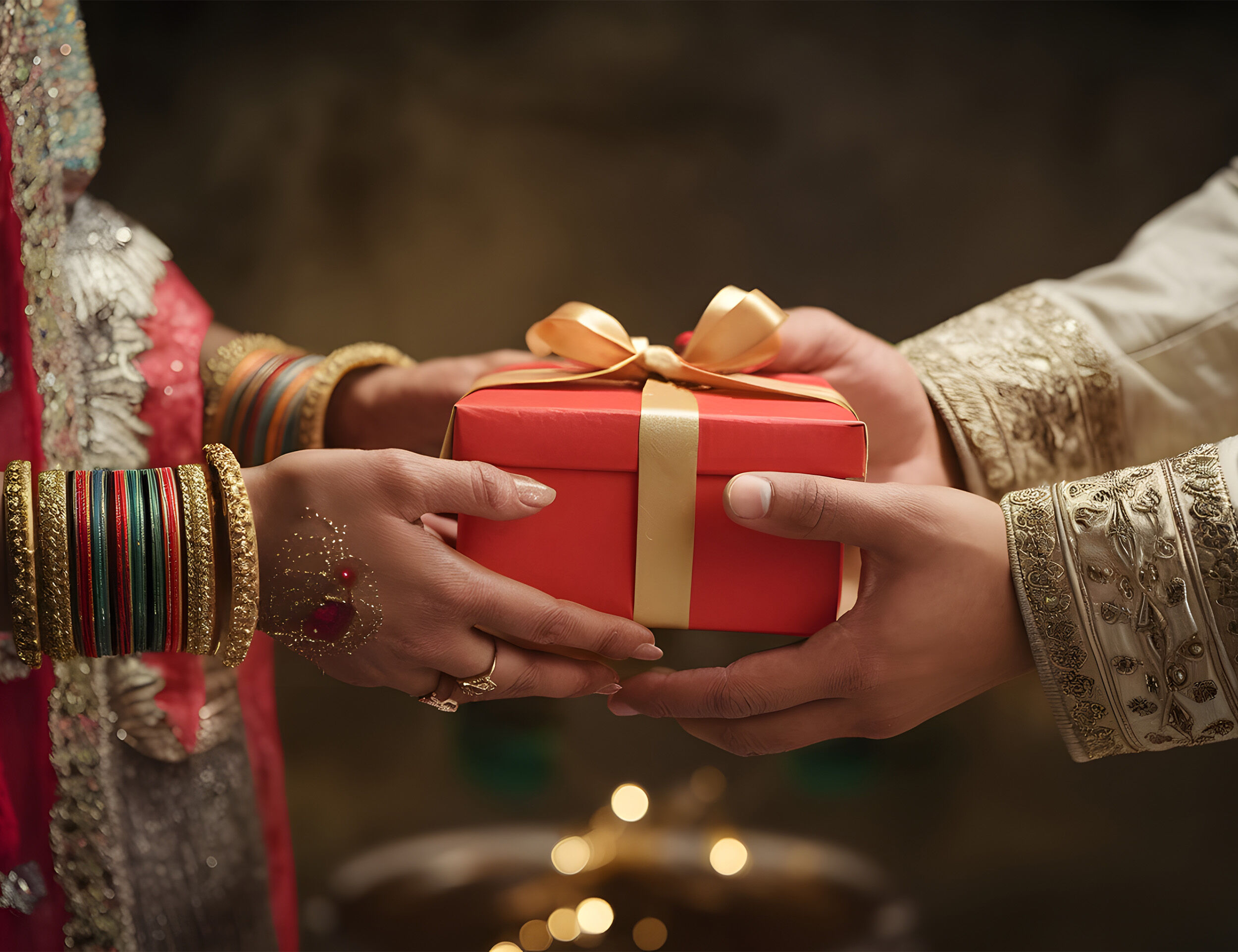 A bride receiving wedding gifyt from groom